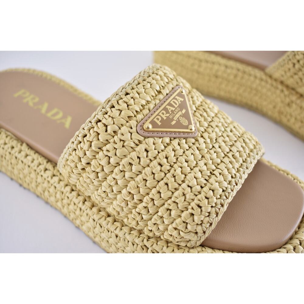 Prada Crochet Raffia Platform Slide Natural Beige Logo Mule Wedge Sandal 40 - Picture 8 of 16